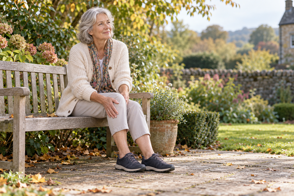 Woman pausing on a garden bench with one hand resting on her knee