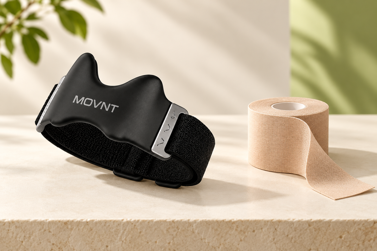 MOVNT Precision Strap beside a roll of kinesiology tape