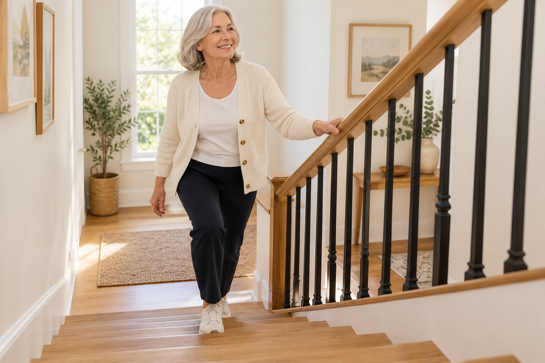 Woman using a handrail on a bright home staircase