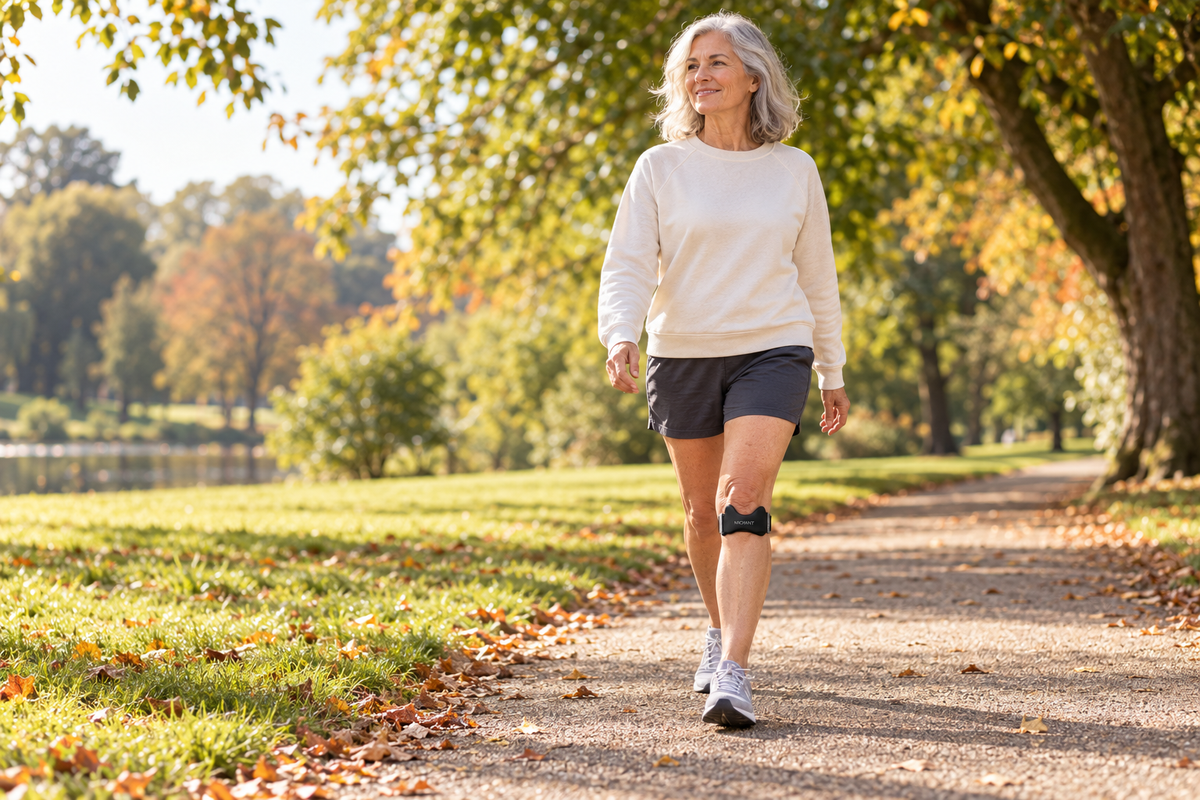 Woman walking in a park wearing a MOVNT knee strap