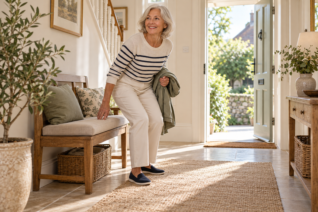 Woman preparing for a neighbourhood walk in a bright hallway
