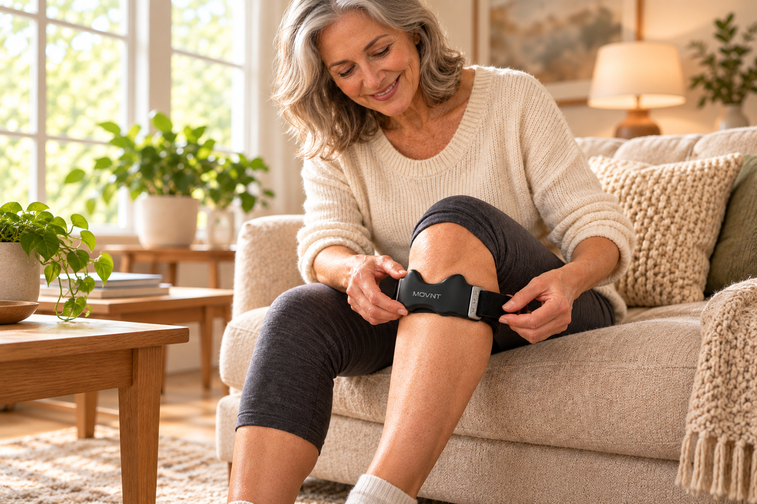 Woman positioning the MOVNT Precision Strap below her kneecap