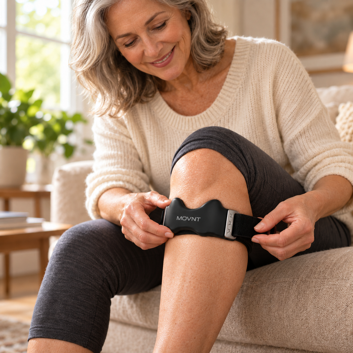 Woman positioning a MOVNT strap below her kneecap